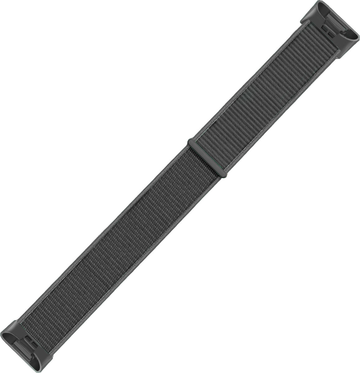 Ein graues Armband für eine Smartwatch auf weißem Hintergrund. Es hat eine gewebte Textur. Die Enden und eine kleine Schnalle sind dunkler grau.