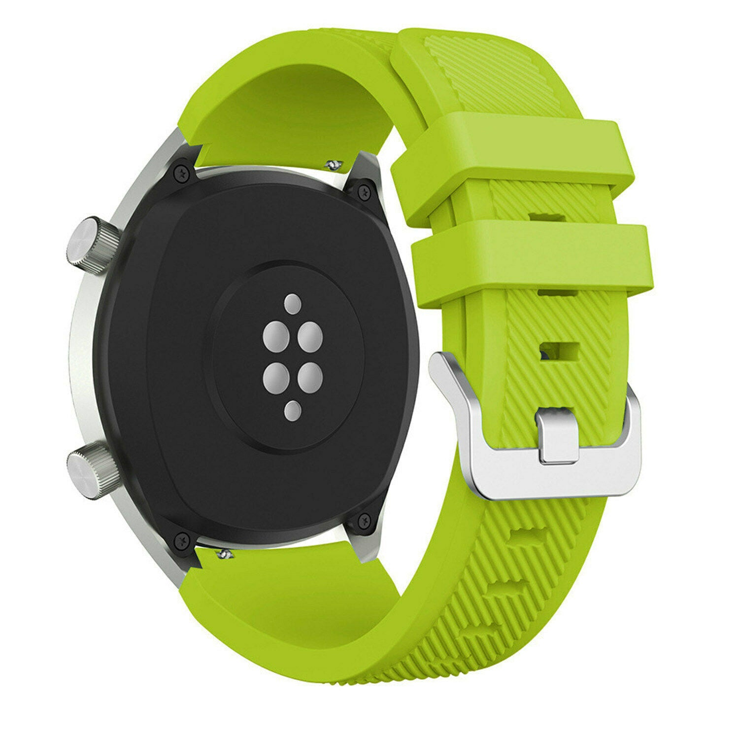 Nahaufnahme einer Smartwatch. Sie hat ein limettengrünes Armband und ein schwarzes Zifferblatt. Es gibt silberne Knöpfe und eine silberne Schließe.