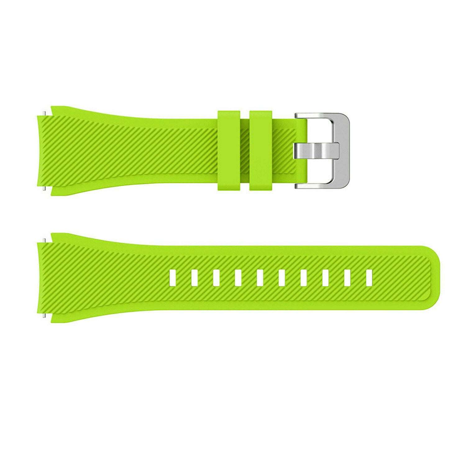 Hellgrünes Uhrenarmband-Set, zweiteilig. Eines mit Schnalle, das andere mit Löchern. Weißer Hintergrund.