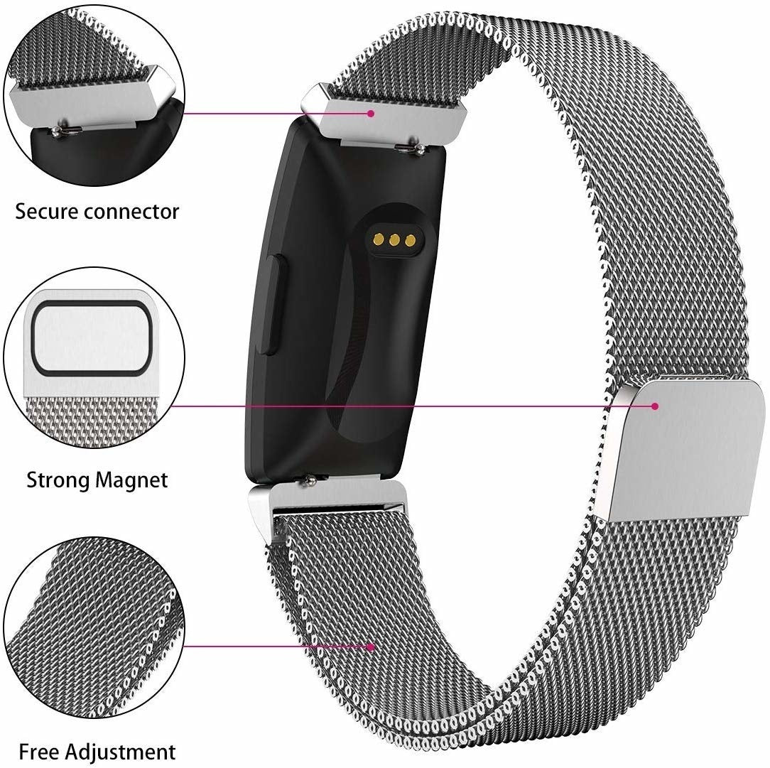 Eine schwarze Smartwatch mit silbernem Mesh-Armband. Nahaufnahmen zeigen sicheren Anschluss, starken Magneten und freie Einstellmöglichkeiten.