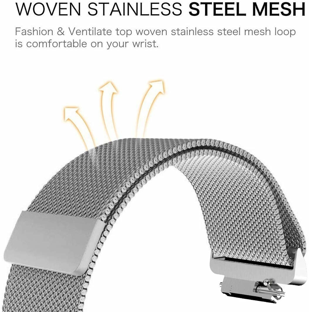Nahaufnahme eines Uhrenarmbands aus Edelstahlgeflecht. Der Text oben lautet 'GEWOBENES EDELSTAHLGEFLECHT'.