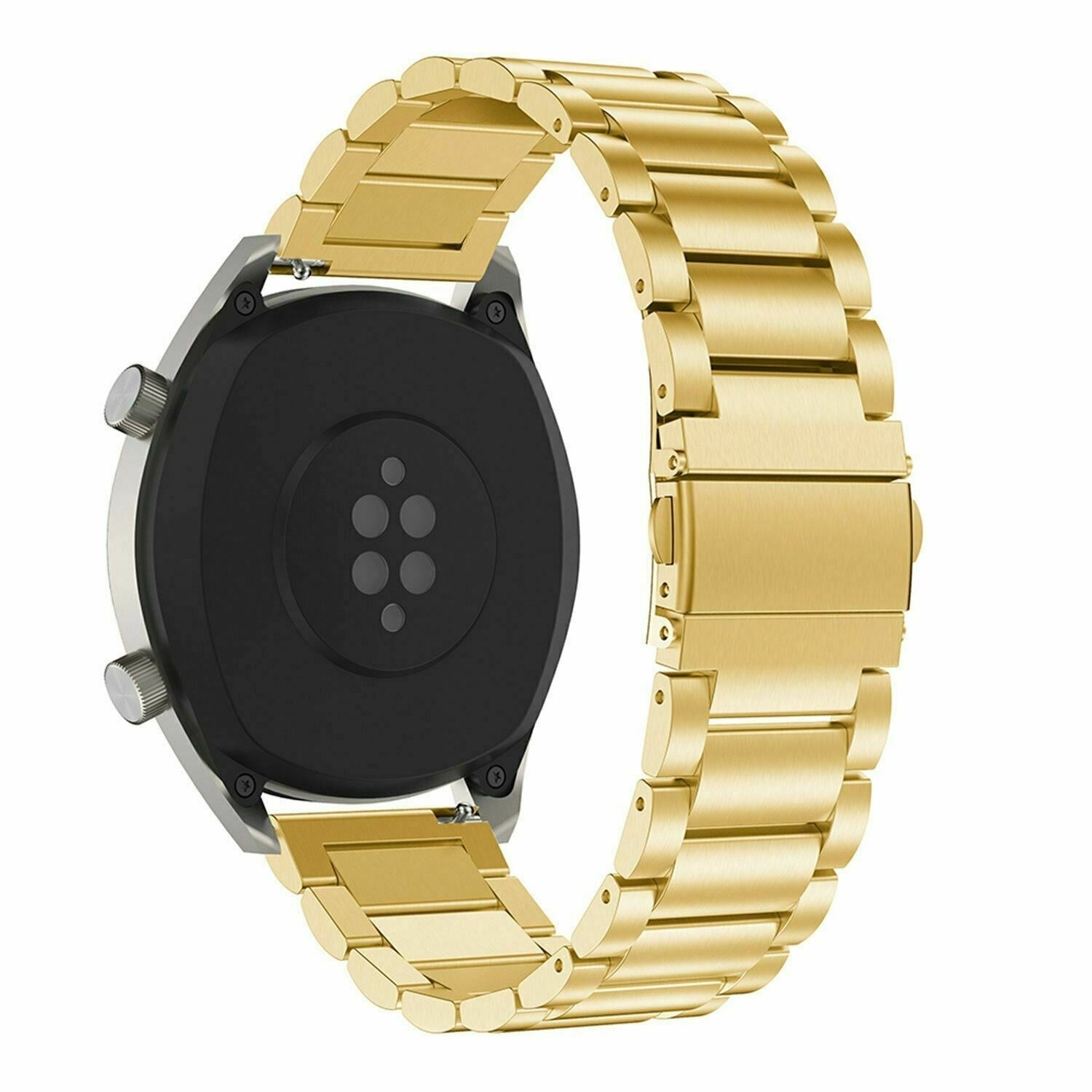 Ein goldfarbenes Metall-Uhrenarmband wird gezeigt, das an einem schwarzen Smartwatch-Zifferblatt befestigt ist. Das Armband ist gebogen und der Hintergrund ist weiß.