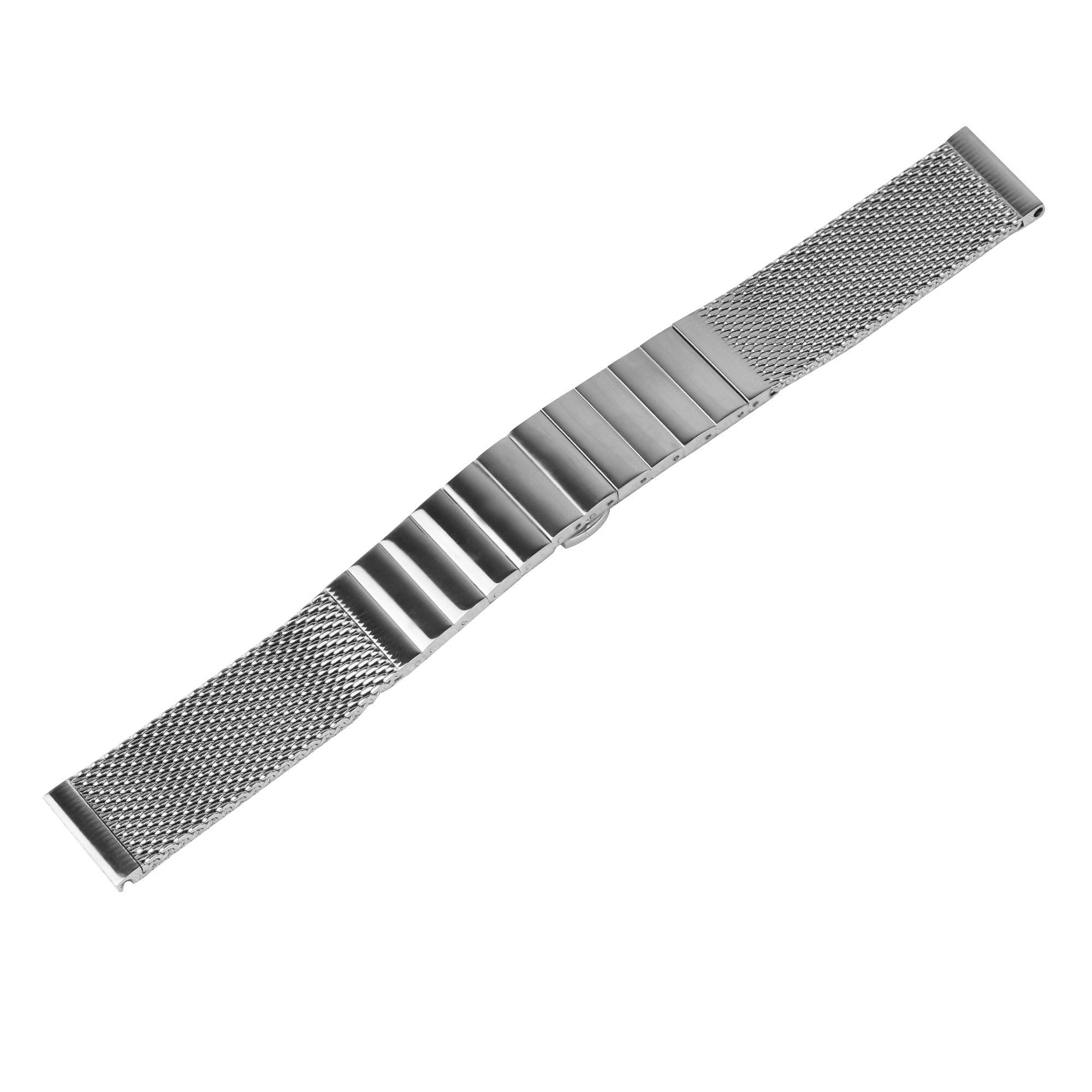 Ein Edelstahl-Uhrenarmband liegt auf weißem Grund. Das Armband hat ein Netzdesign mit einem Verschluss in der Mitte.