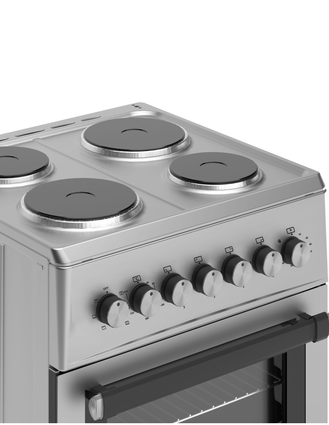 Una cocina eléctrica de acero inoxidable con cuatro elementos calefactores negros, perillas de control y una puerta de horno con manija negra.