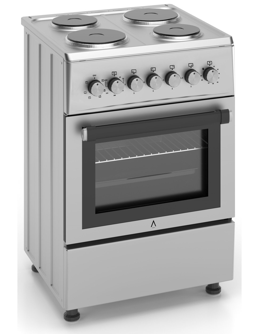 Una cocina eléctrica plateada con cuatro quemadores arriba, un horno debajo y perillas de control. La puerta del horno está abierta.