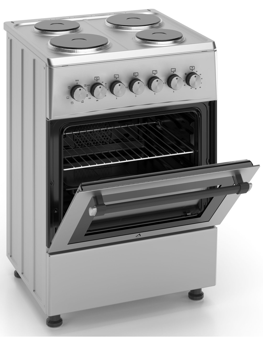 Un horno eléctrico plateado con la puerta abierta. Se ven cuatro quemadores. Perillas y rejilla del horno están adentro.