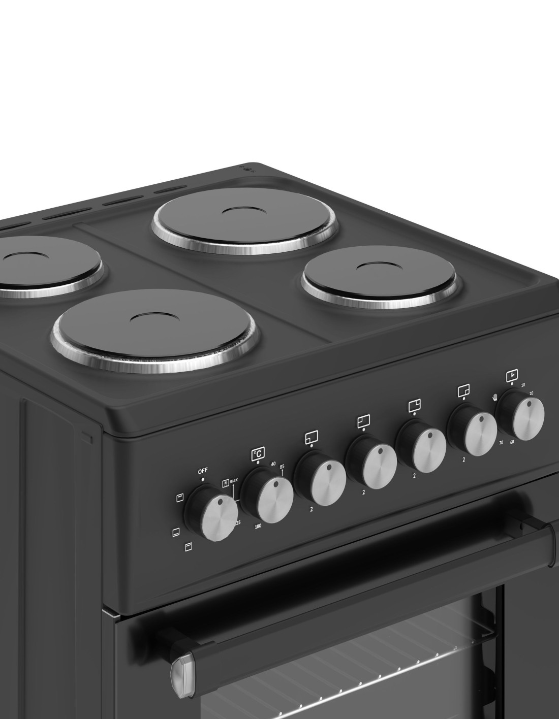 Una cocina eléctrica negra con cuatro quemadores, perillas de control y puerta del horno. Acentos plateados en quemadores y perillas.