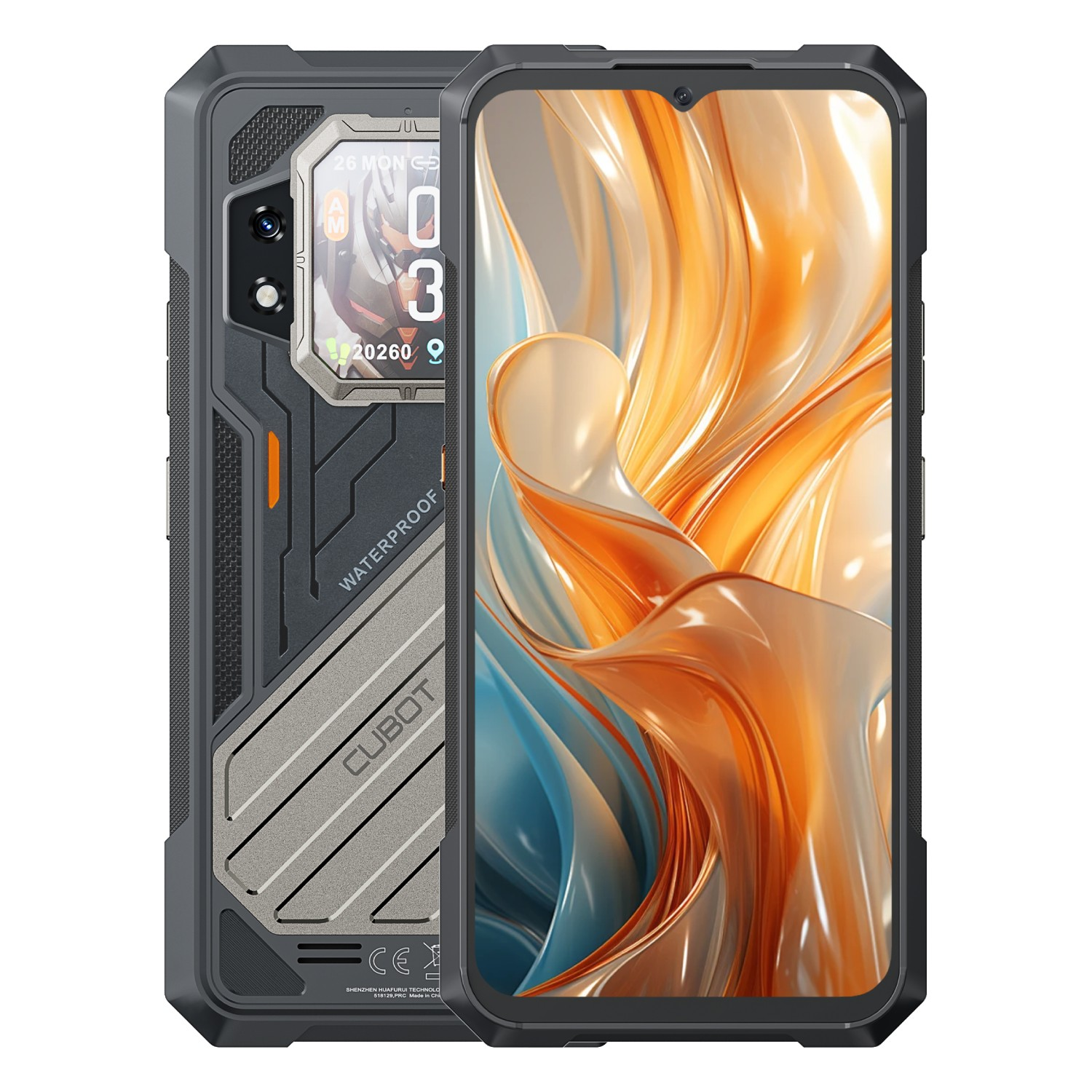 Wytrzymały smartfon z wyświetlaczem, który pokazuje abstrakcyjny pomarańczowo-niebieski design, obok jego tyłu, który pokazuje ekran, aparat i słowo wodoodporny.