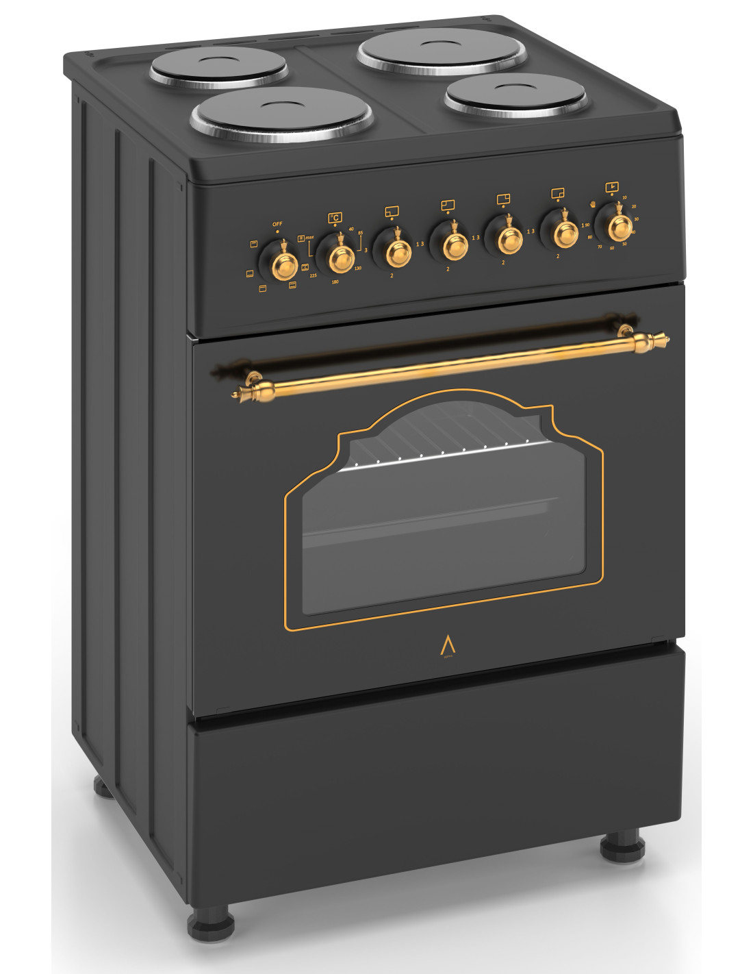 Una estufa eléctrica negra con detalles dorados. Tiene cuatro quemadores, un horno con puerta de vidrio y perillas de control.