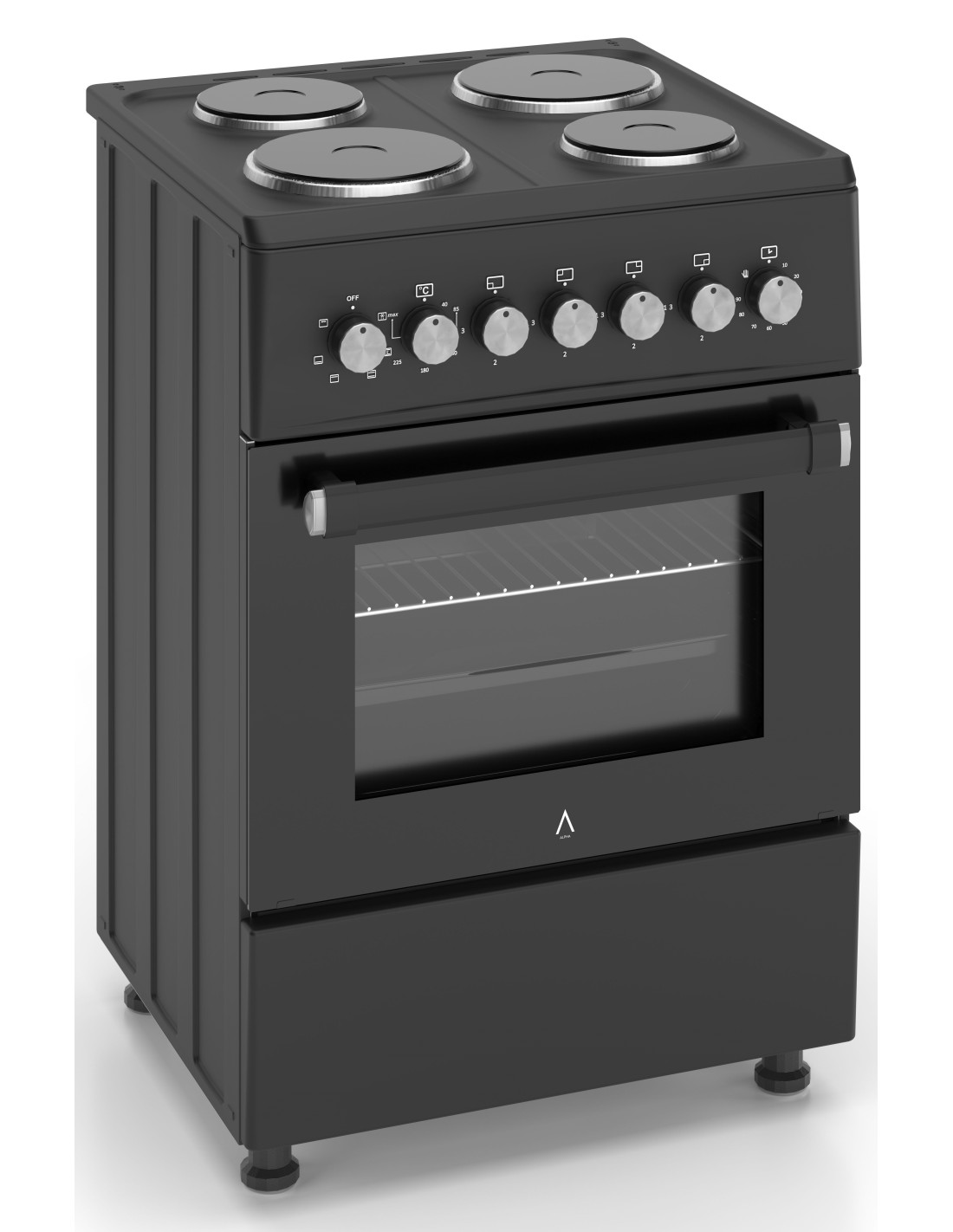 Estufa eléctrica negra con cuatro quemadores, perillas de control y horno. La puerta del horno está cerrada.
