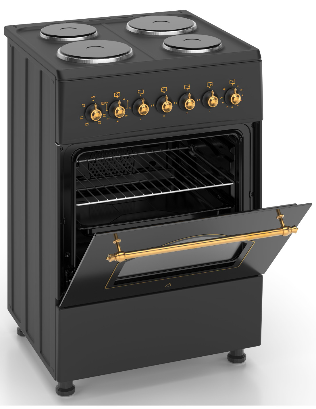 Una cocina eléctrica negra con la puerta del horno abierta. Tiene cuatro quemadores, perillas doradas y un asa dorada en la puerta del horno.