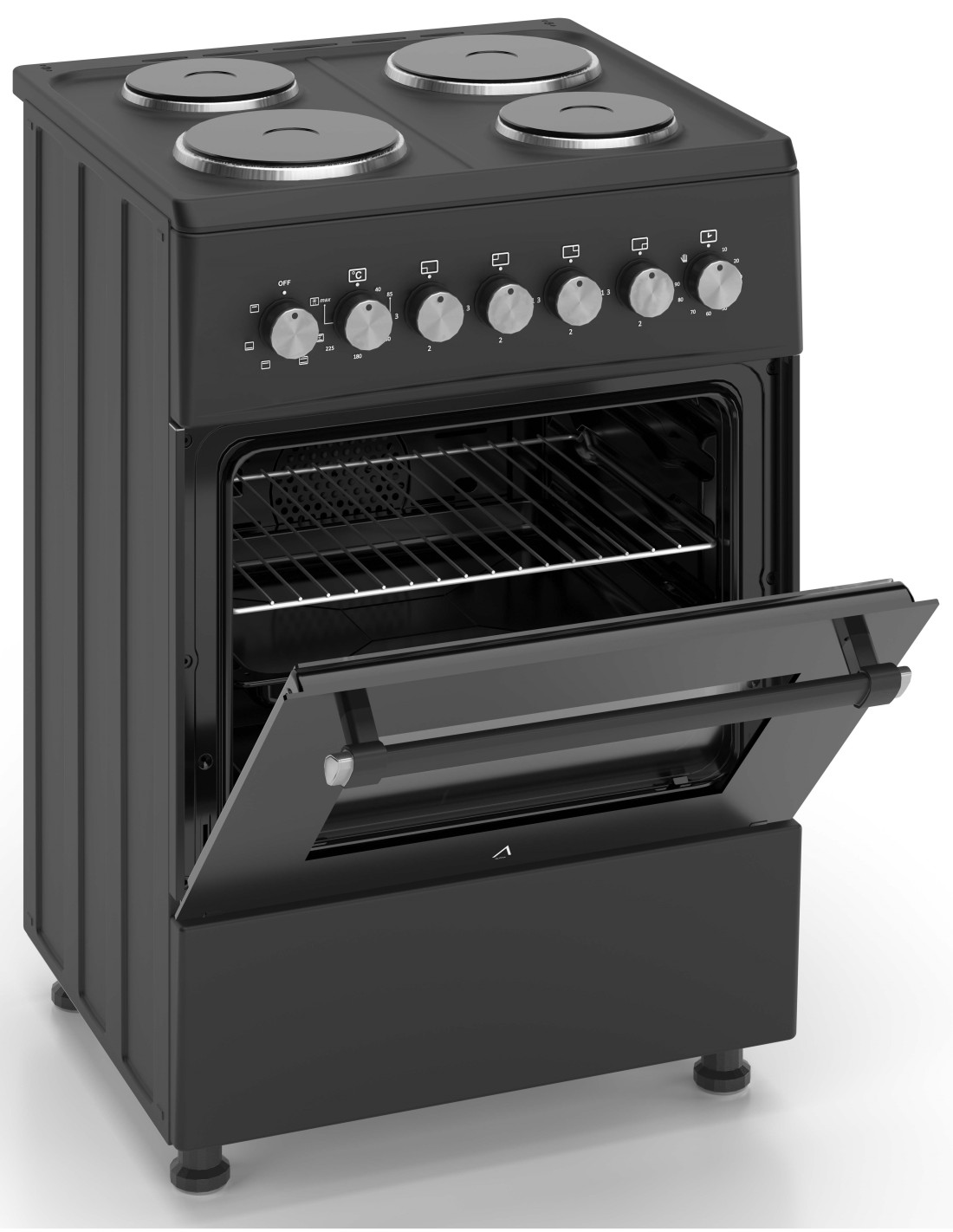 Un horno eléctrico negro con la puerta abierta. Hay cuatro quemadores en la parte superior. Se ven perillas y un asa.