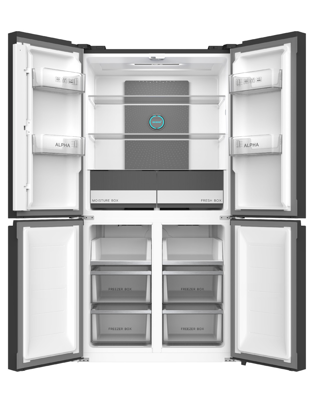 Un refrigerador negro abierto con cuatro puertas. La sección superior tiene estantes etiquetados como ALPHA. La sección inferior tiene cajas de congelador. El interior es blanco.