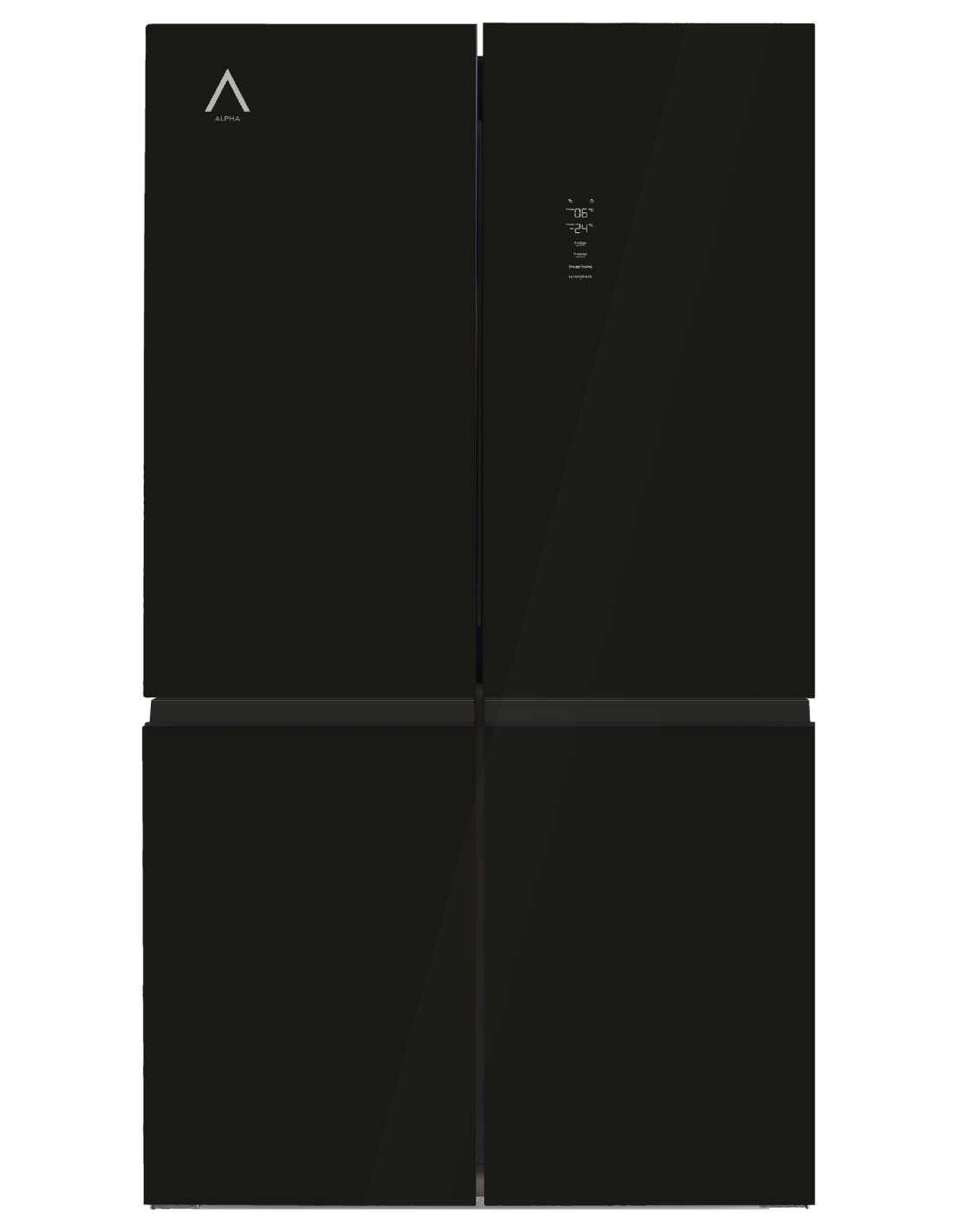 Refrigerador Alpha negro con cuatro puertas. Tiene una pantalla digital que muestra la temperatura y la configuración. El logotipo está arriba a la izquierda.