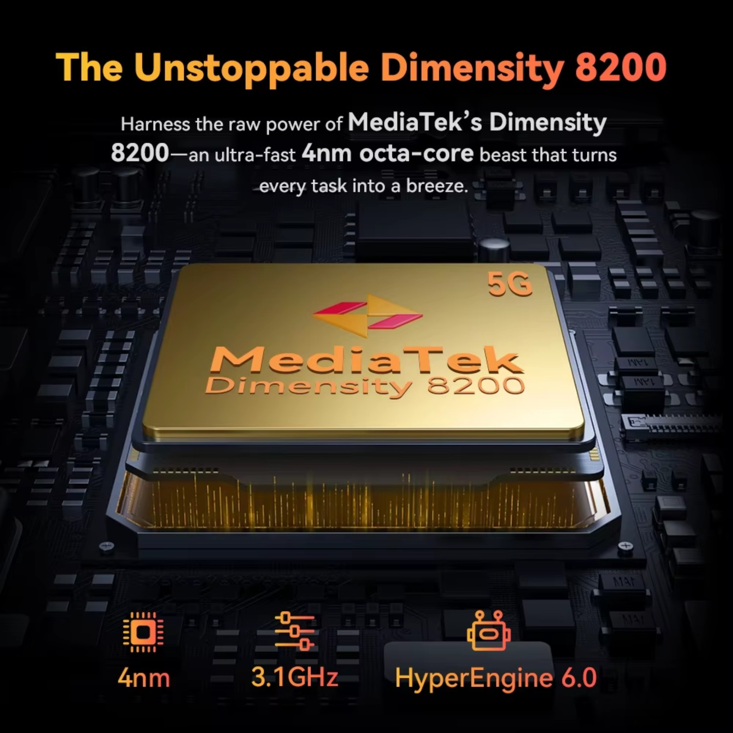Obraz przedstawia procesor MediaTek Dimensity 8200 z tekstem: 4nm, 3.1GHz, HyperEngine 6.0. Złoty układ na ciemnym tle.