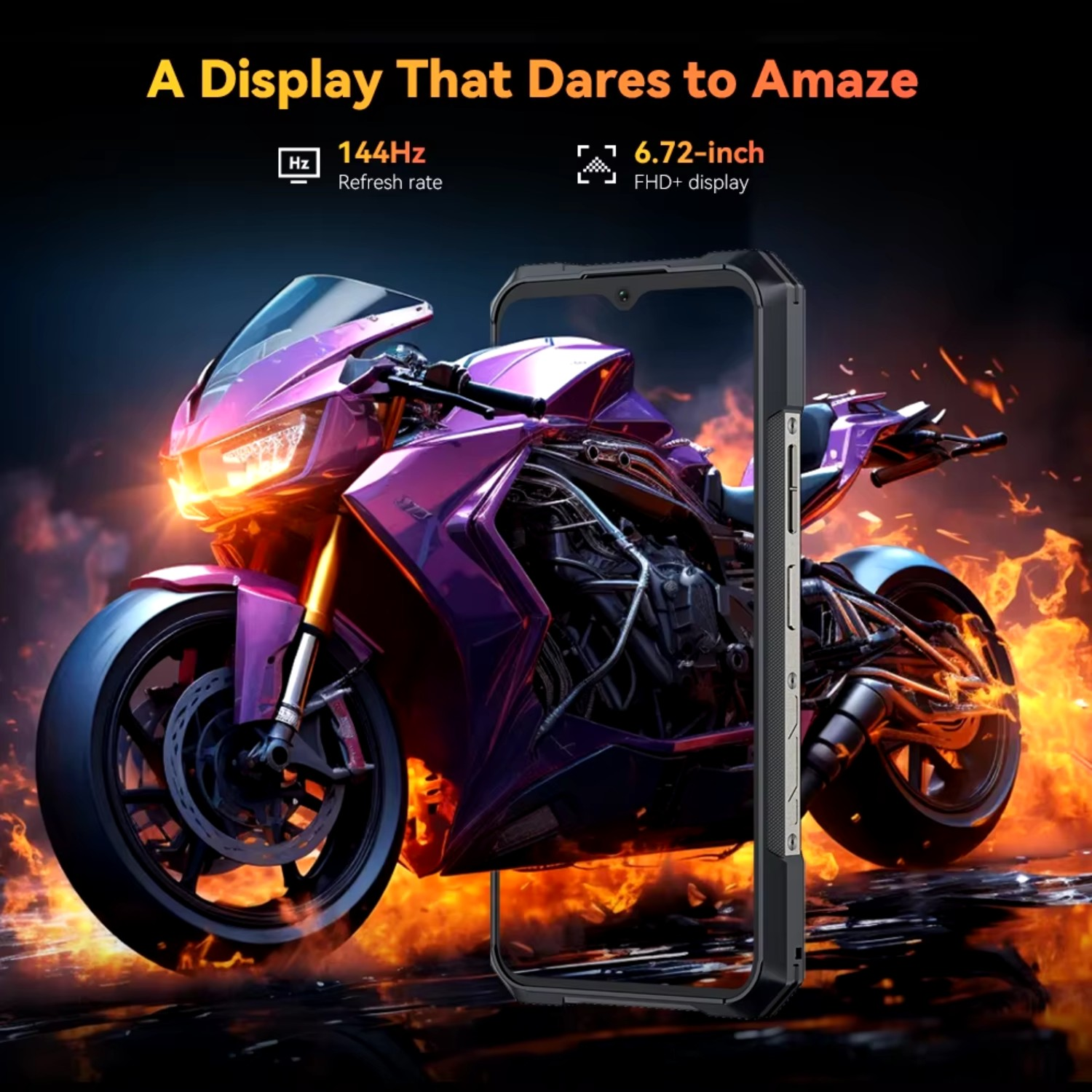 Fioletowy motocykl jest wyświetlany na telefonie, z ogniem w tle. Tekst brzmi 'częstotliwość odświeżania 144 Hz' i 'wyświetlacz 6,72 cala FHD+'.