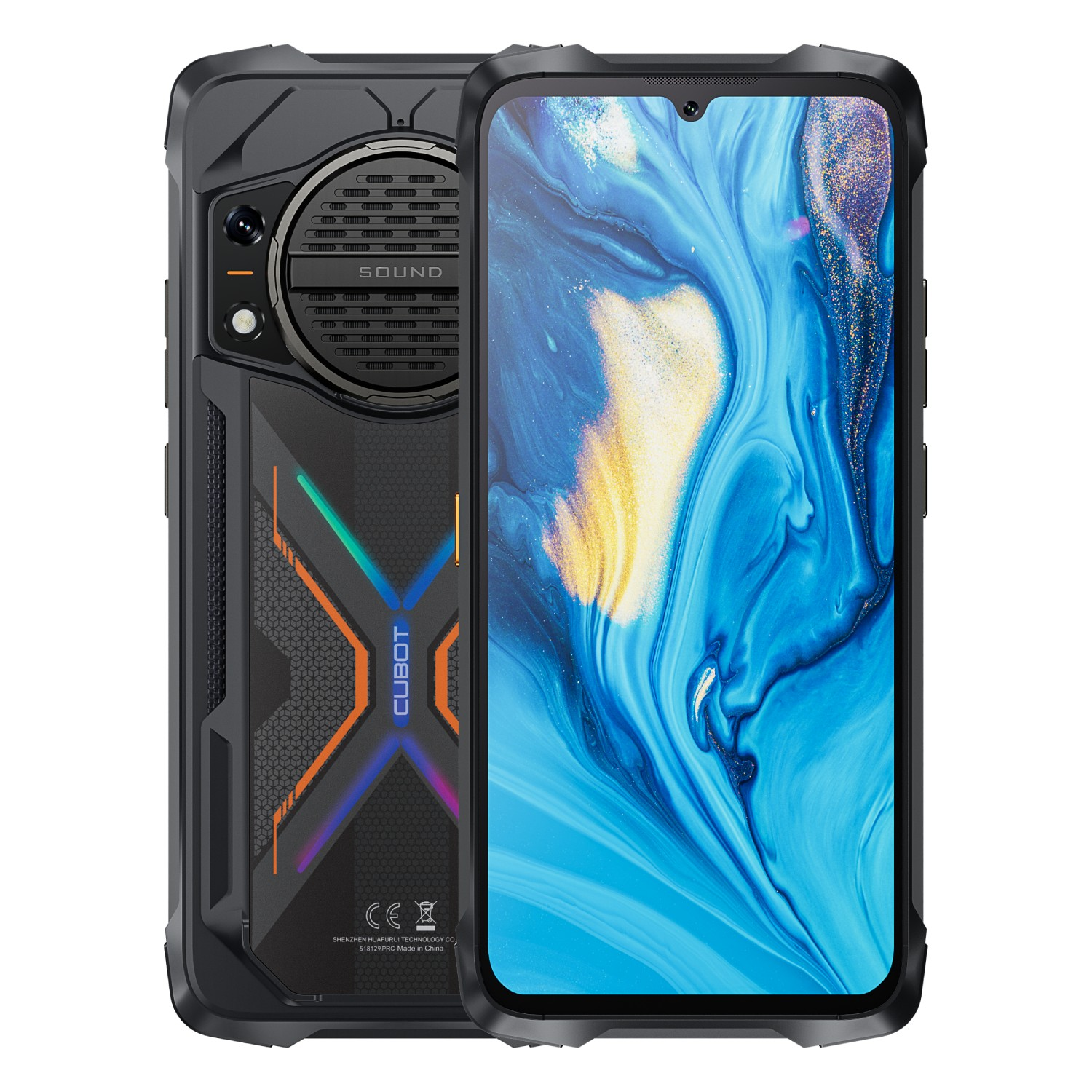 Czarny, wytrzymały smartfon z ekranem z niebiesko-białą sztuką abstrakcyjną. Tył ma głośnik, aparat i logo Cubot.