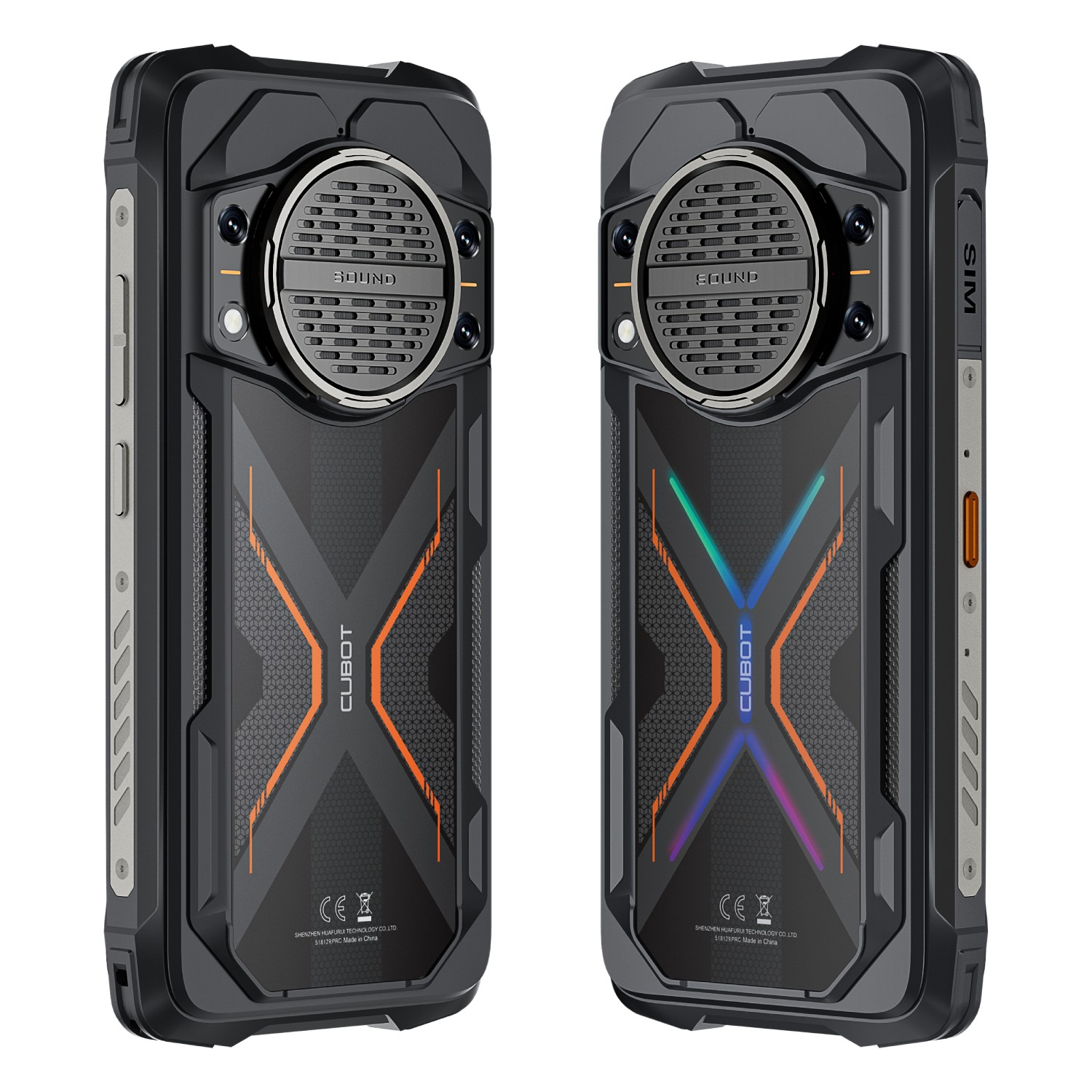 Dwa wytrzymałe smartfony. Czarno-pomarańczowy design z głośnikiem, aparatem i teksturowanym tyłem. Jeden pomarańczowy, drugi z kolorowymi światłami.