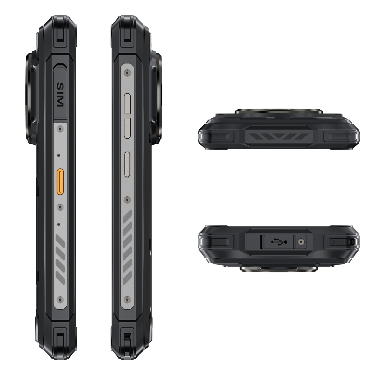 Czarny, wytrzymały smartfon z widokiem z boku, góry i dołu. Pokazuje gniazdo SIM, przyciski i port ładowania. Pomarańczowy przycisk i srebrne akcenty.