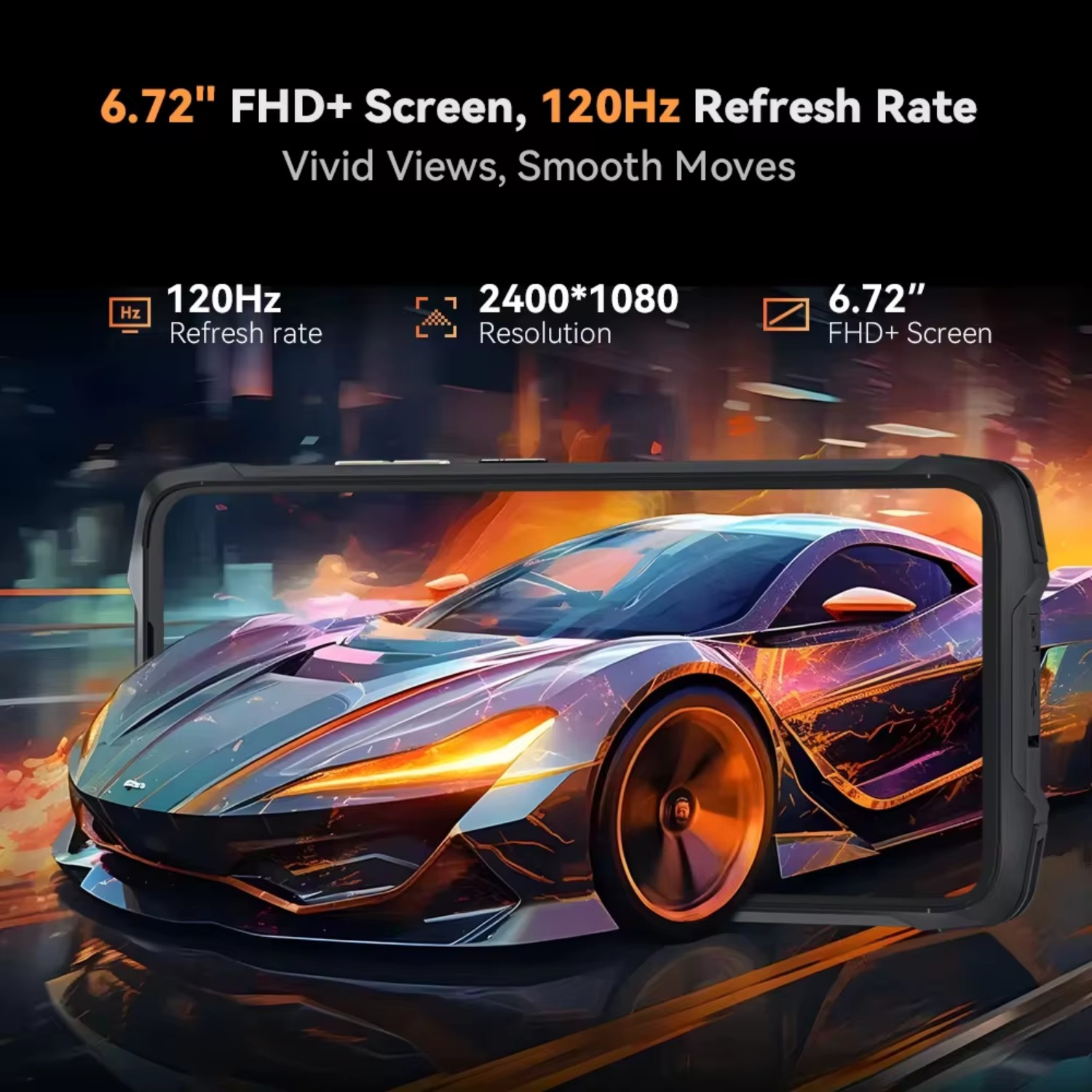 Smartfon wyświetla futurystyczny samochód na drodze. Ekran pokazuje częstotliwość odświeżania 120 Hz, ekran FHD+ 6,72" i rozdzielczość 2400*1080.