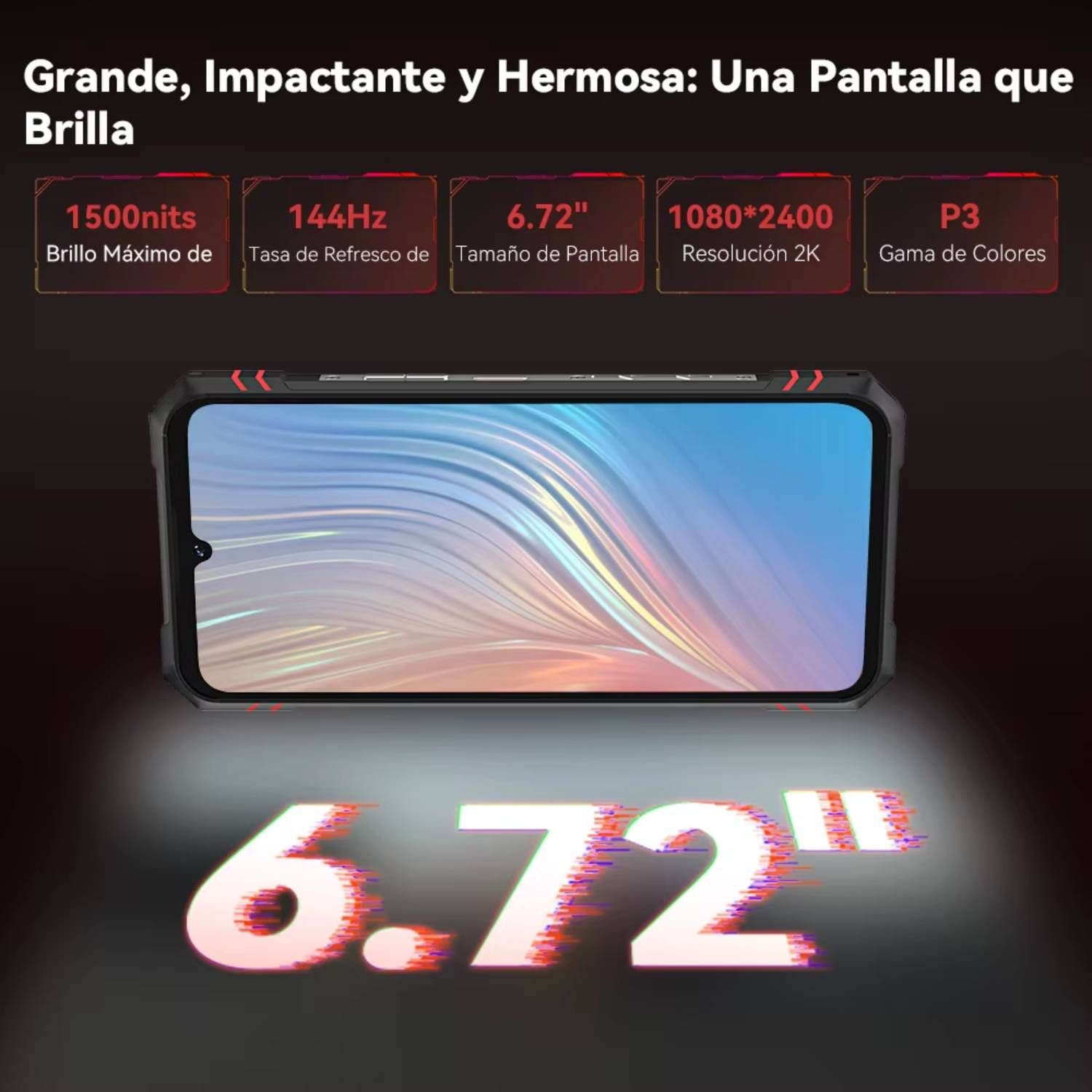 Ekran smartfona wyświetla specyfikacje: 1500 nitów, odświeżanie 144 Hz, ekran 6,72", rozdzielczość 2K i gama kolorów P3.