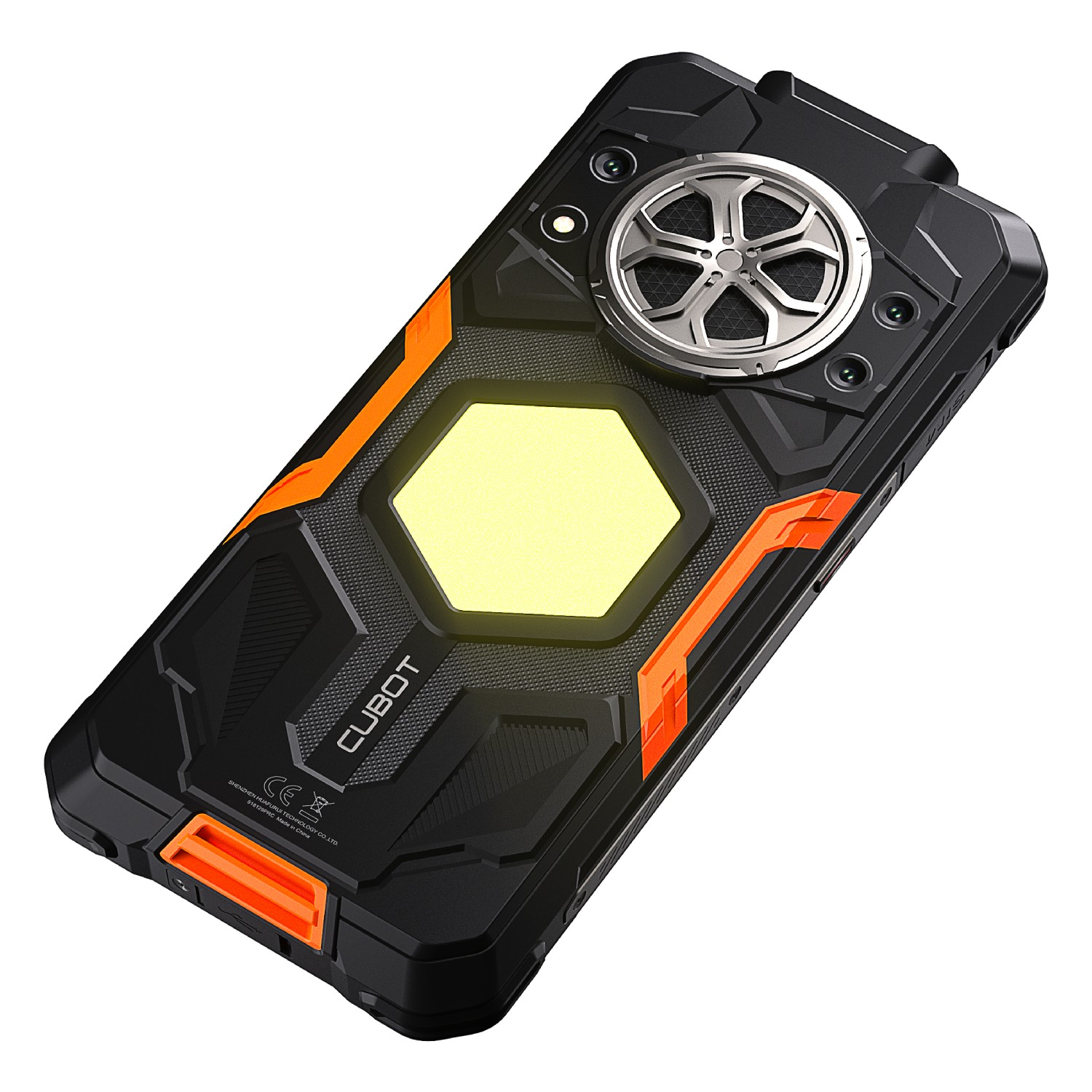 Czarny smartfon z pomarańczowymi akcentami. Posiada sześciokątne światło i srebrny element w kształcie wentylatora. Widoczna marka 'CUBOT'.