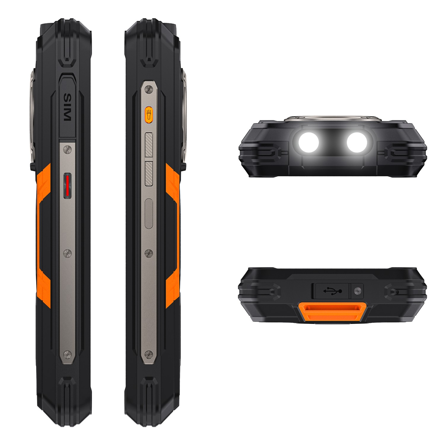 Czarny, pomarańczowy i szary wytrzymały smartfon. Widoki boczne pokazują gniazdo SIM i przyciski. Widok z góry pokazuje podwójne światła LED.