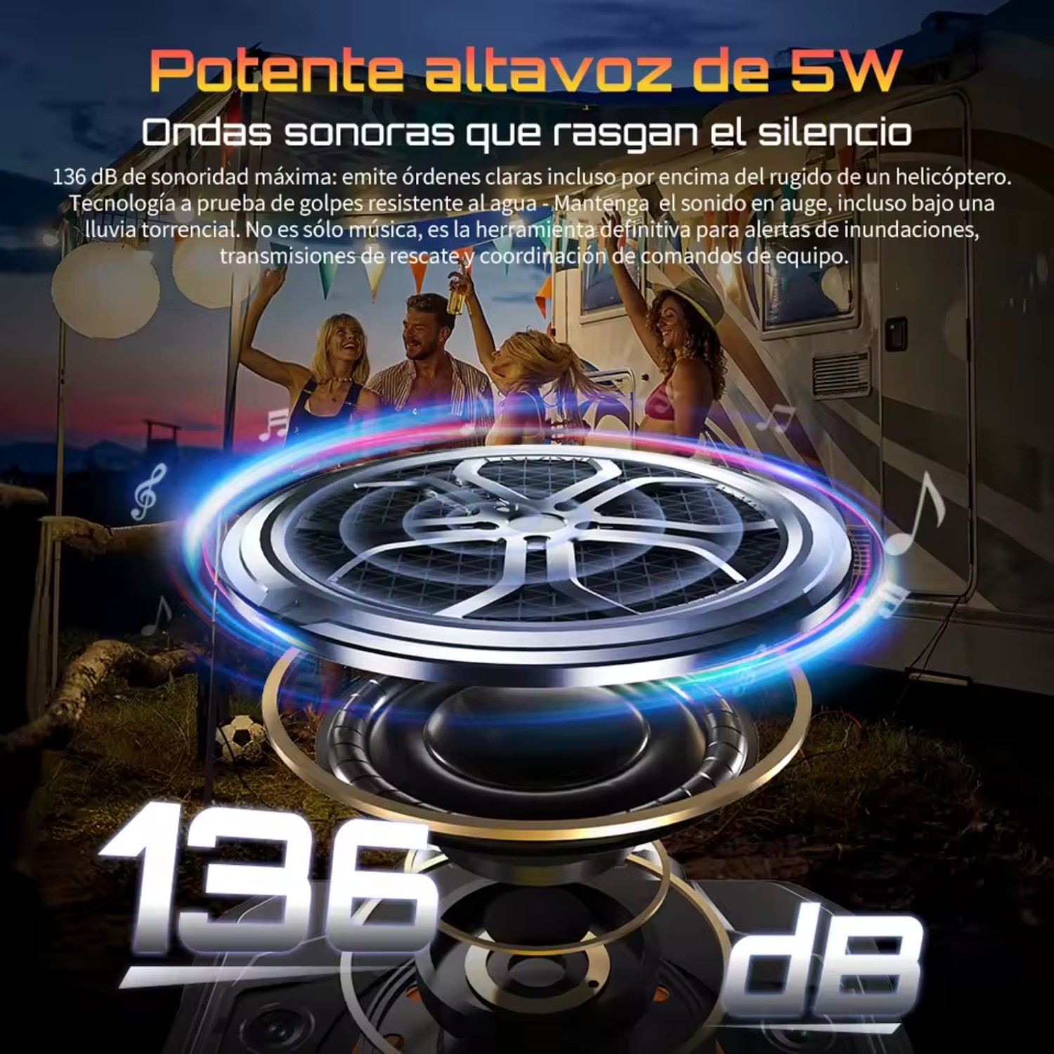 Obraz przedstawia głośnik z falami dźwiękowymi, bawiących się ludzi i tekst o jakości dźwięku i mocy.