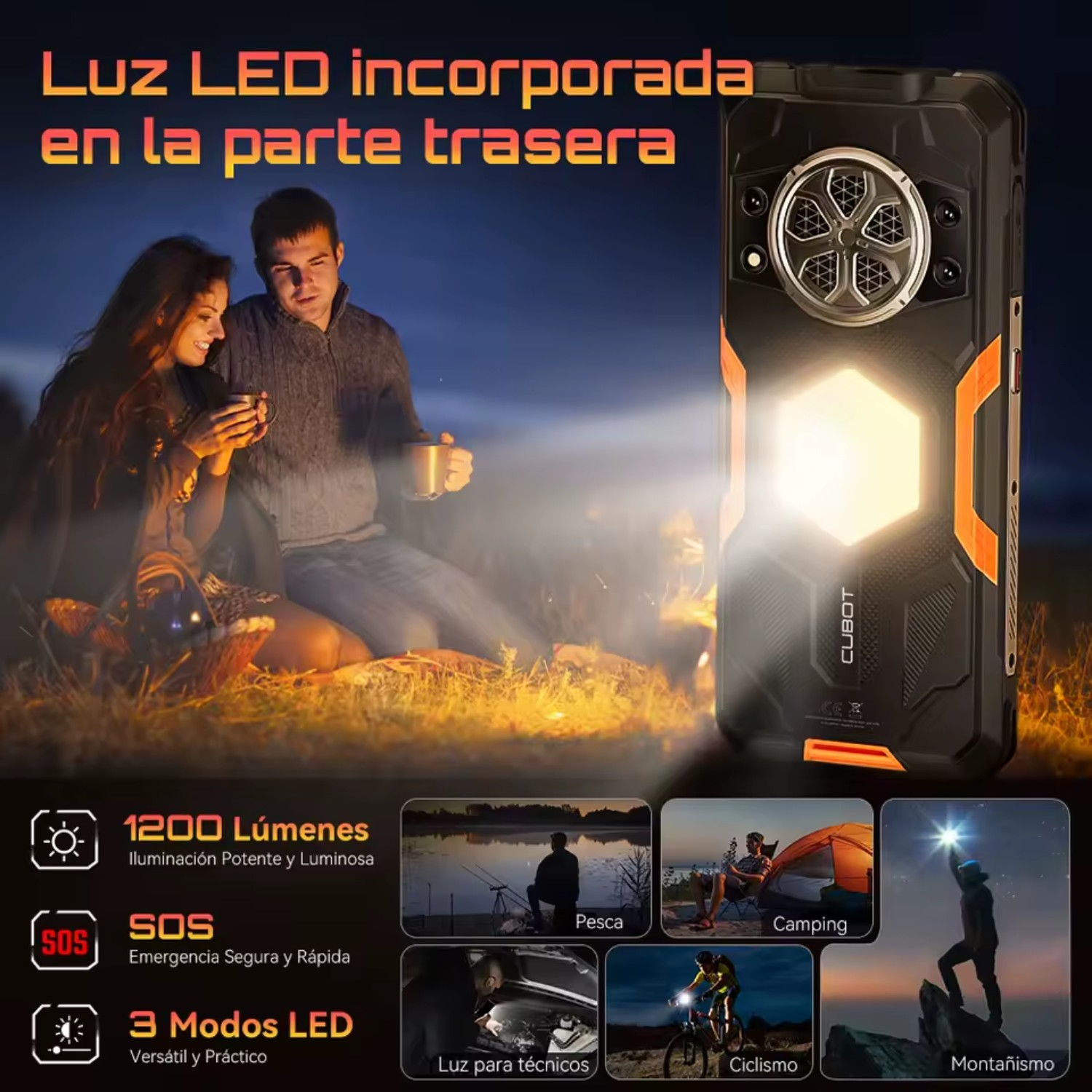 Para siedzi przy ognisku. Pokazano wytrzymały telefon z jasną diodą LED. Ikony pokazują funkcje telefonu i scenariusze użytkowania.