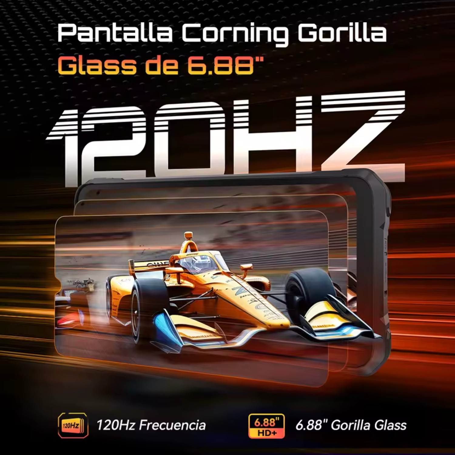 Obrazek przedstawia ekran telefonu z samochodem wyścigowym. Tekst podkreśla cechy ekranu: 6.88" Gorilla Glass, częstotliwość odświeżania 120Hz.