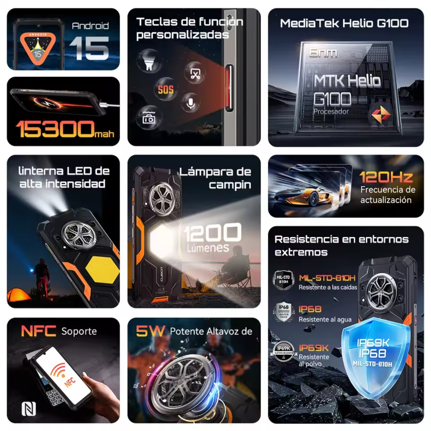 Wytrzymały smartfon wyświetla funkcje: Android 15, 15300mAh, NFC, 120Hz, procesor Helio G100 i ekstremalna odporność z IP68/69K.