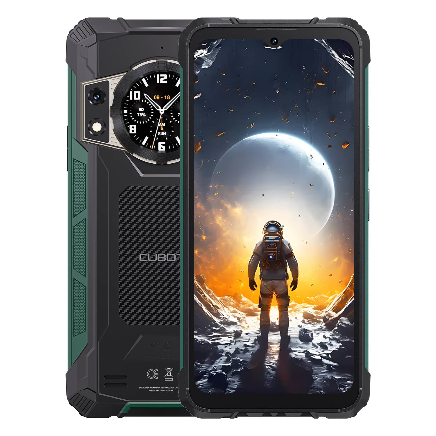 Un teléfono inteligente resistente con una pantalla grande que muestra a un astronauta en un planeta. El teléfono tiene un diseño negro, verde y de fibra de carbono.