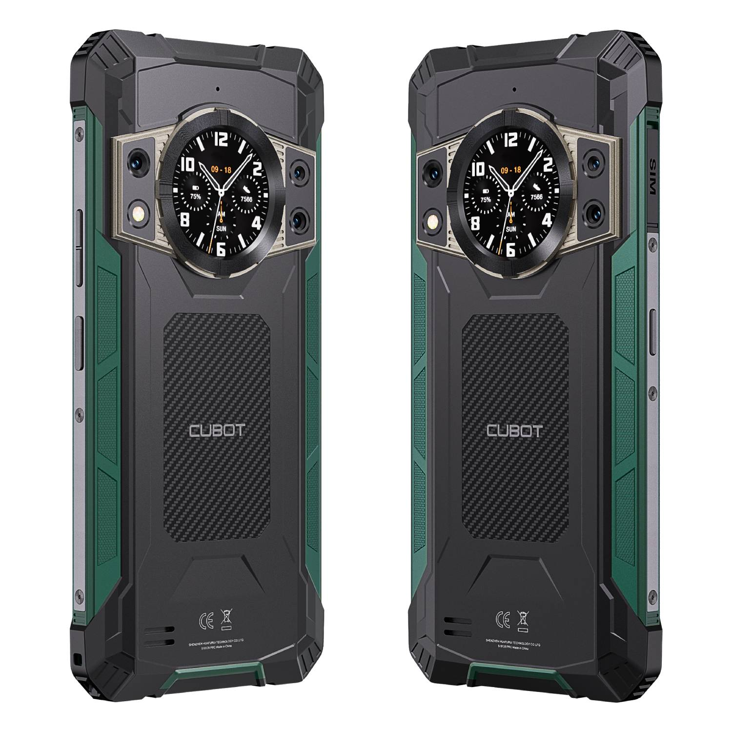 Dos smartphones robustos con pantallas circulares, diseño negro y verde y el logotipo de Cubot.