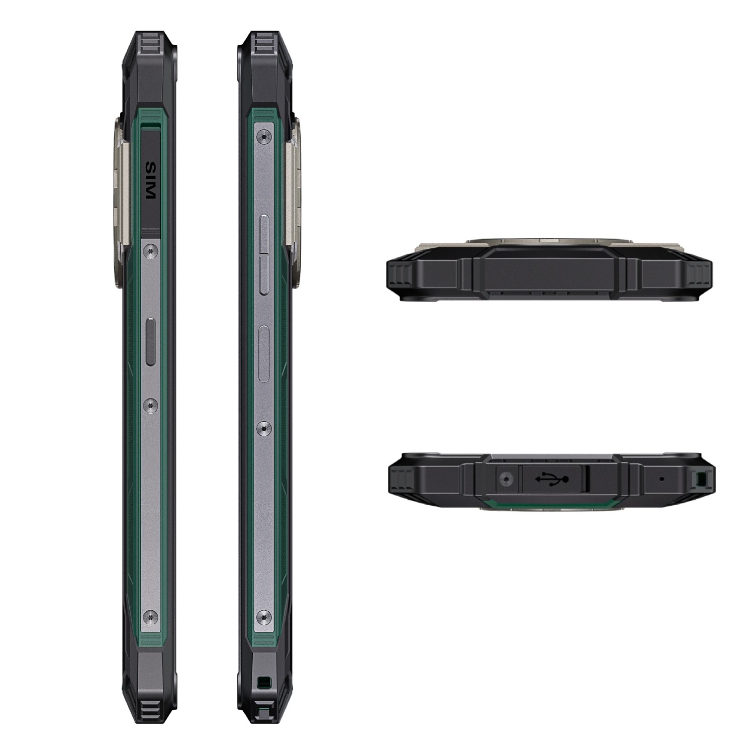 Un smartphone resistente mostrado desde múltiples ángulos. Muestra vista lateral con ranura SIM, botones y vistas superior/inferior, detalles.
