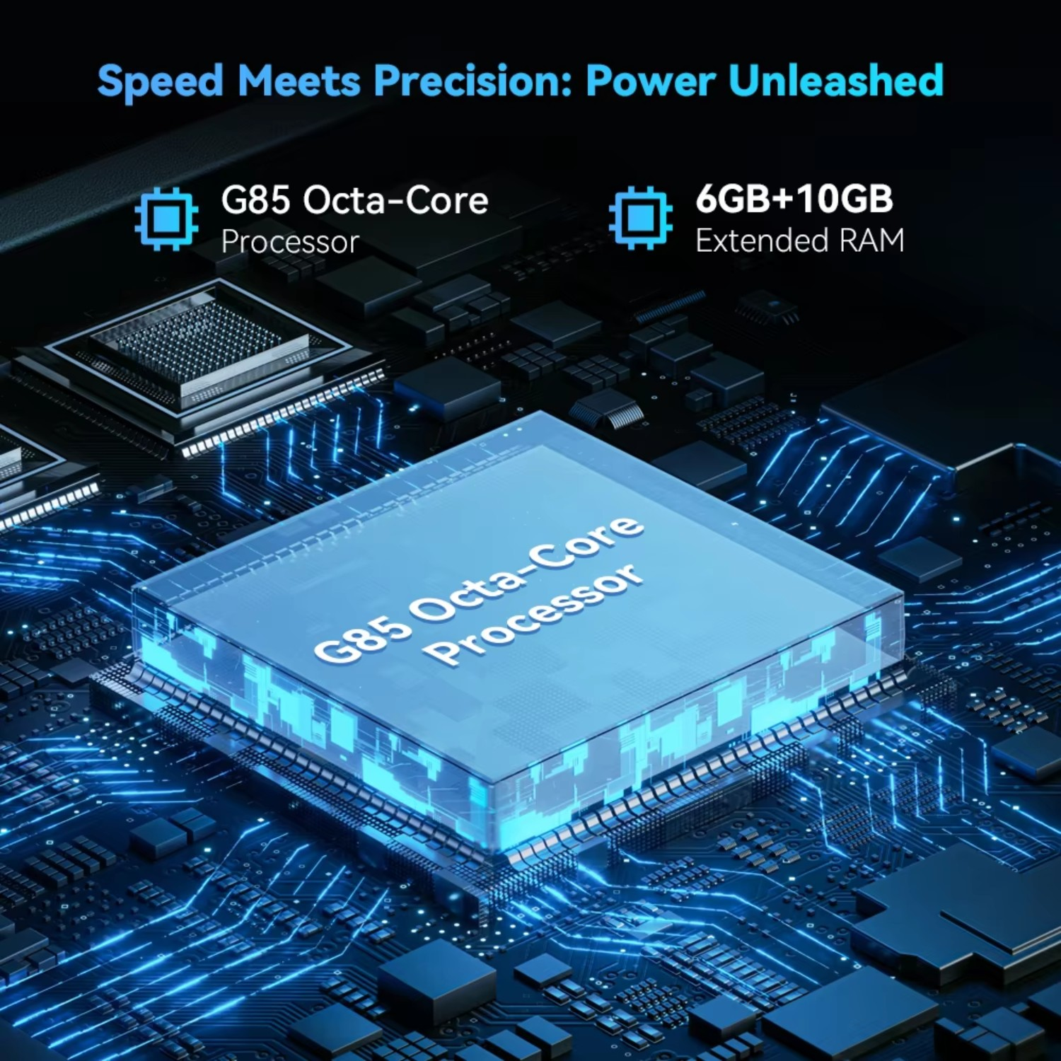La imagen muestra una placa de circuito azul con texto sobre un procesador G85 Octa-Core y 6GB+10GB de RAM extendida, con el título 'Speed Meets Precision'.