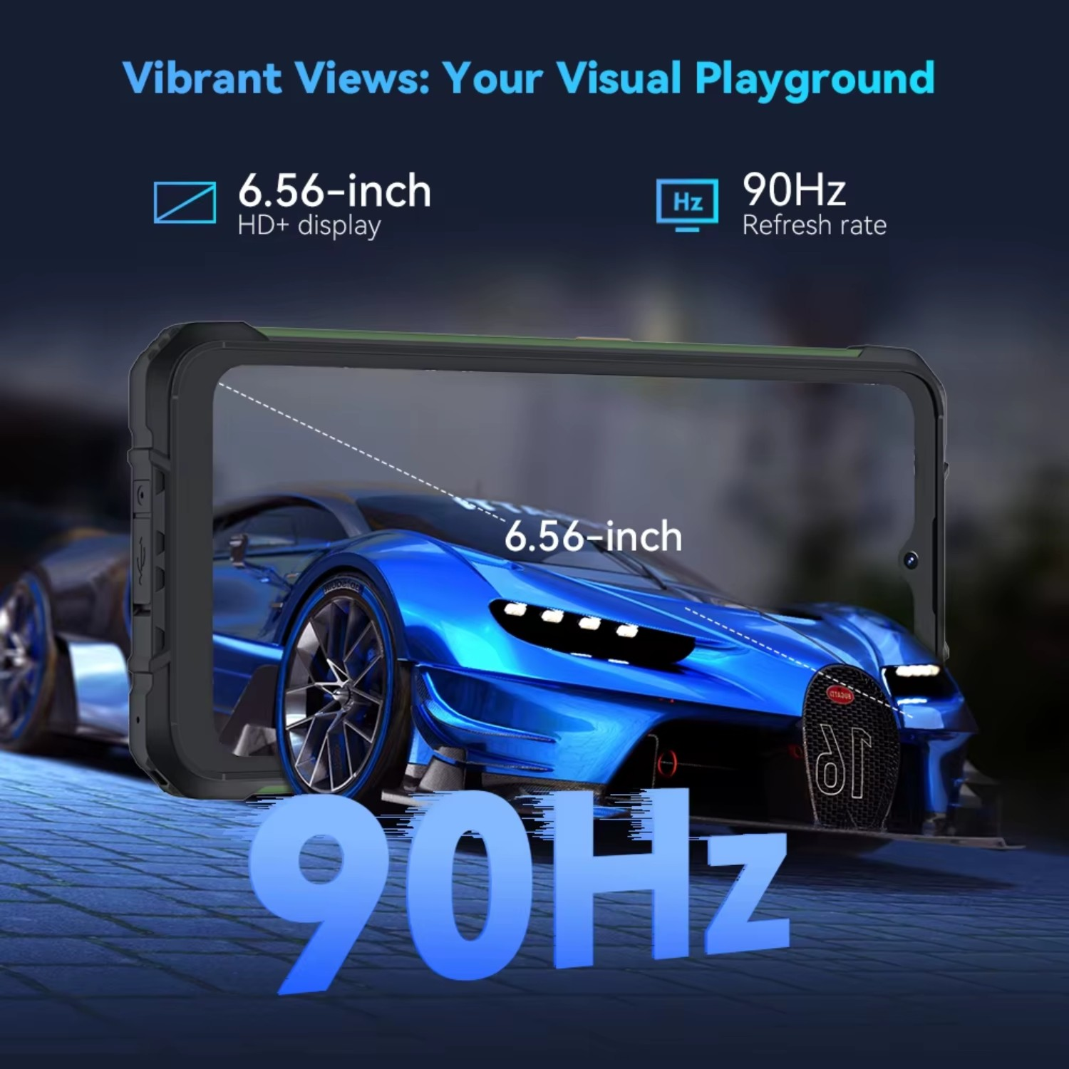 Un teléfono muestra un coche azul, con texto que indica una pantalla HD+ de 6,56 pulgadas y una frecuencia de actualización de 90 Hz, sobre un fondo azul oscuro.
