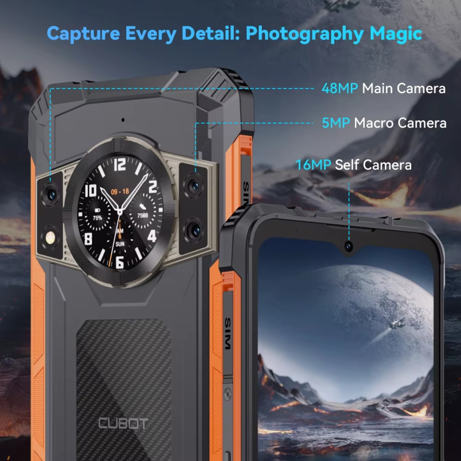 Primer plano de un teléfono resistente CUBOT. Pantalla muestra un planeta con nave. Detalles de cámaras como 48MP, 5MP y 16MP.