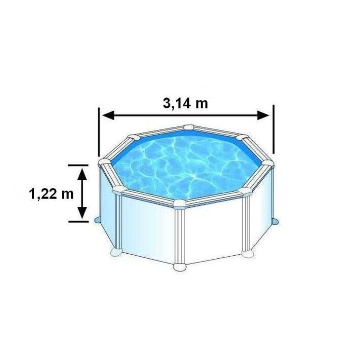 Una piscina octogonal elevada con agua y dimensiones etiquetadas. Mide 3,14 m de ancho y 1,22 m de alto.
