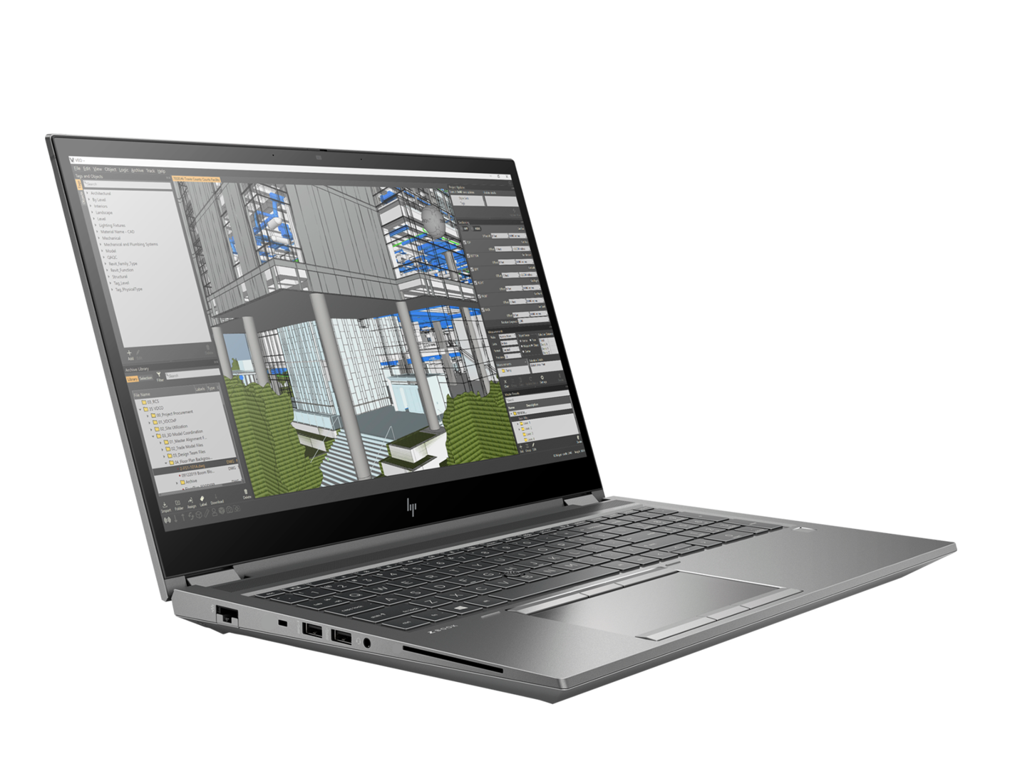 Ein silberner HP-Laptop zeigt ein 3D-Architekturmodell. Der Bildschirm zeigt Baupläne. Der Laptop befindet sich auf schwarzem Hintergrund.