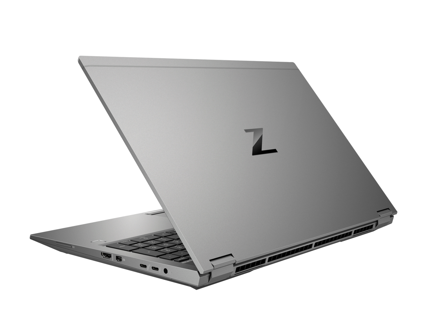 Ein silberner Laptop ist geöffnet und zeigt die Tastatur. Der Deckel hat ein Z-Logo. Der Hintergrund ist schwarz.