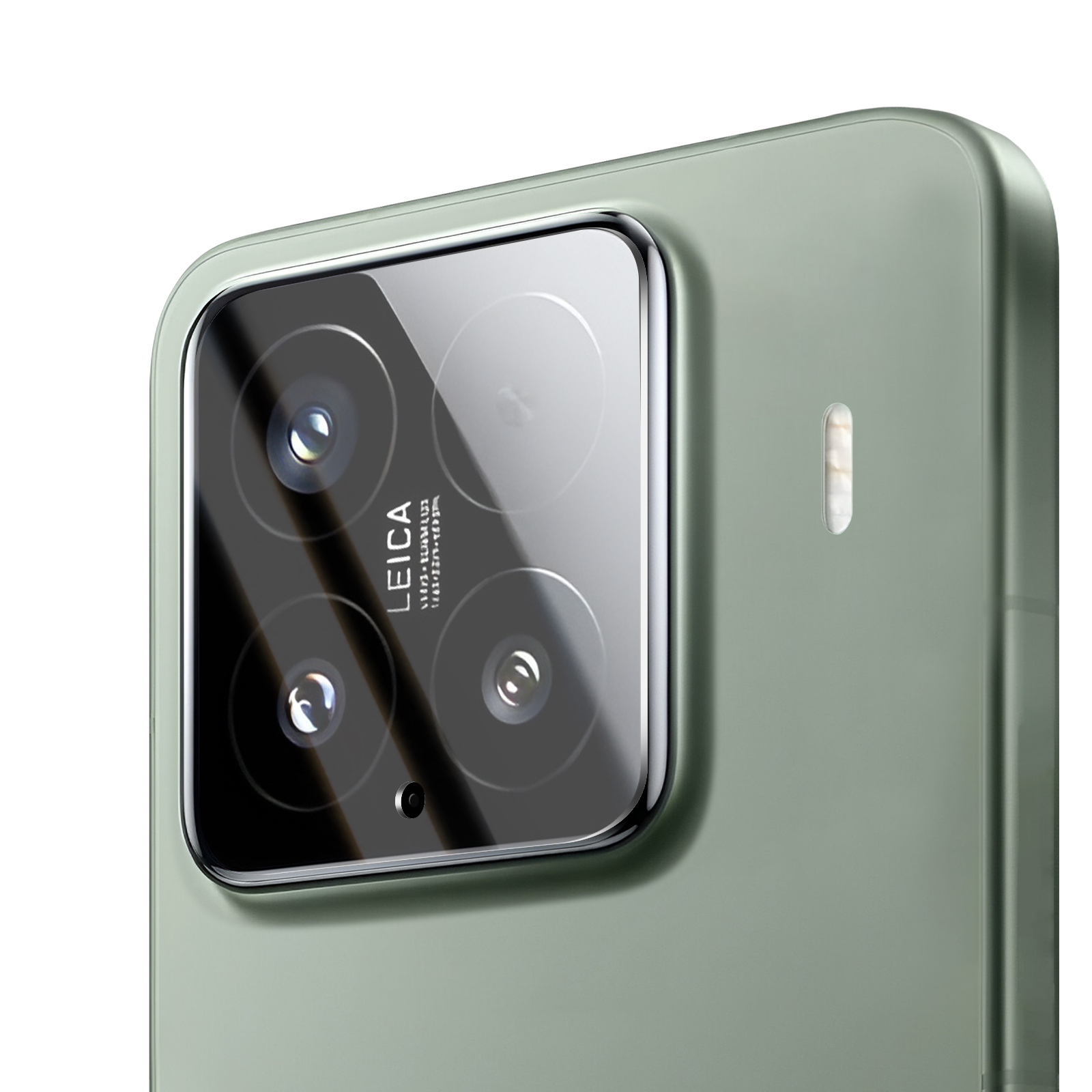 Primo piano del gruppo fotocamere di un telefono verde con marchio Leica. Sono visibili quattro obiettivi. Un flash è sul lato.