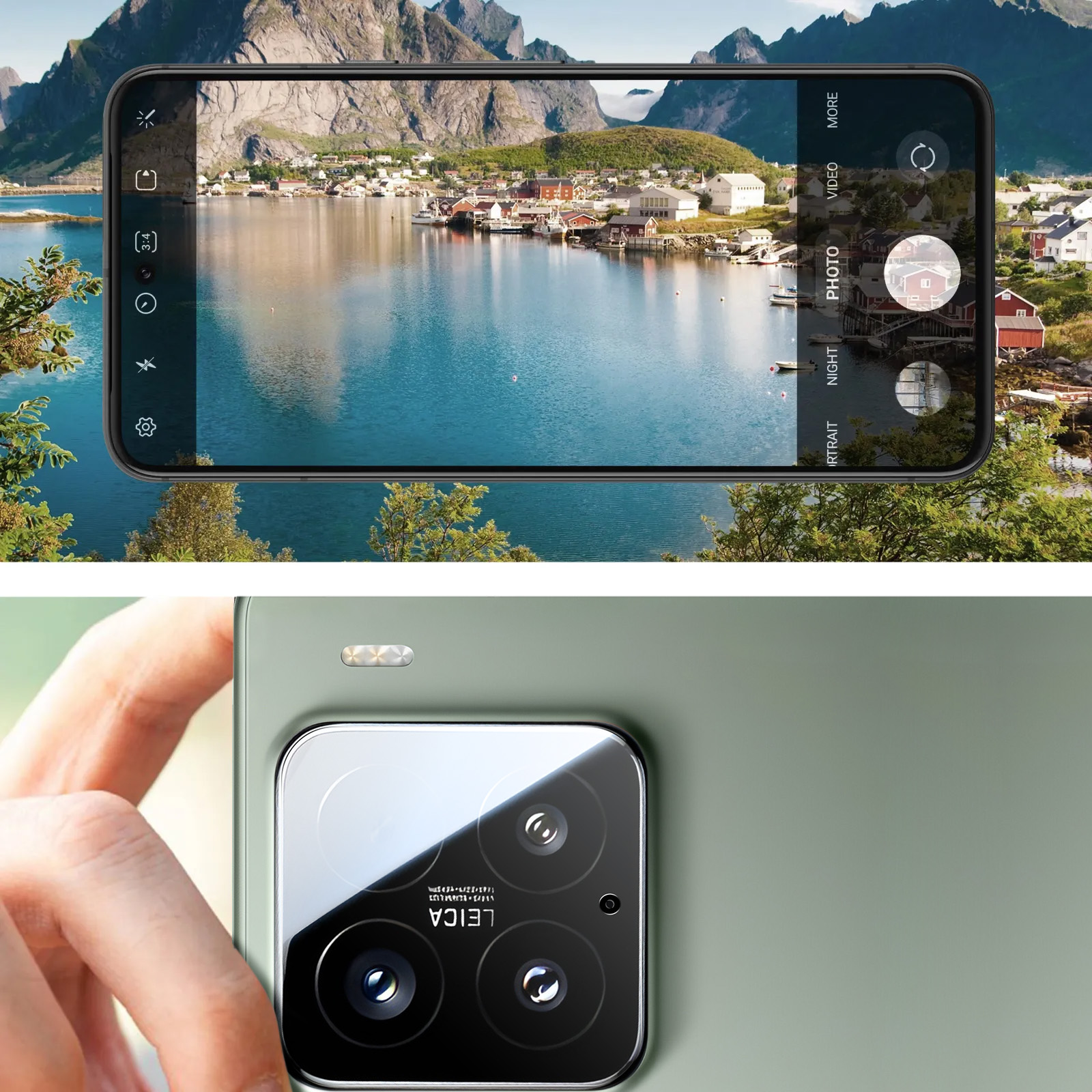 Un telefono mostra una città norvegese con acqua e montagne. In primo piano, è visibile l'obiettivo della fotocamera di un telefono.