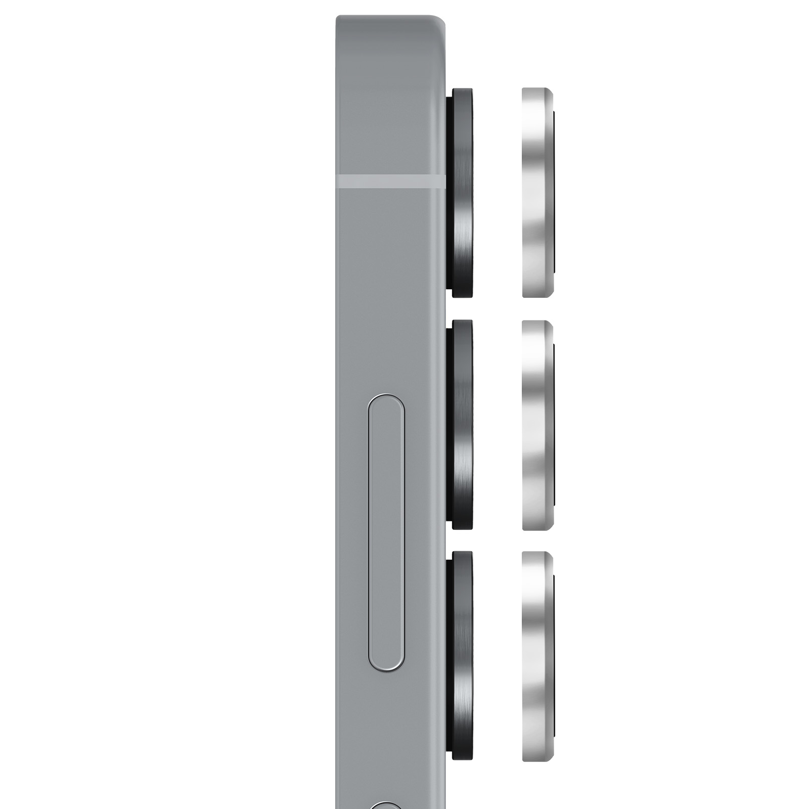 Vista laterale ravvicinata di uno smartphone grigio con tre obiettivi. Gli obiettivi sono neri e argento.