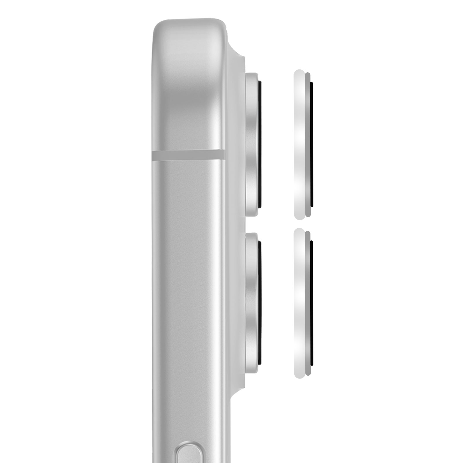 Vue latérale d'un smartphone argenté avec quatre objectifs. Les objectifs ont des intérieurs noirs et sont placés à côté du corps.