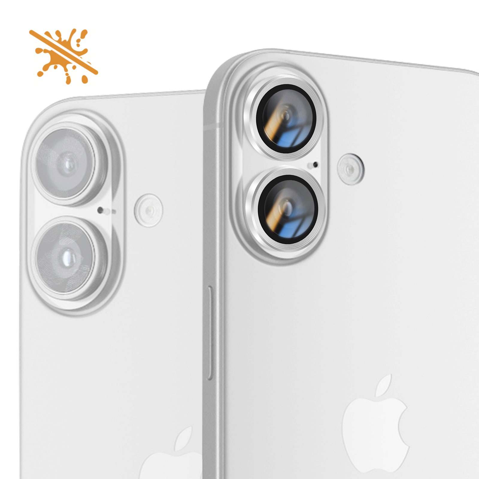 Deux smartphones blancs avec des lentilles de caméra sont montrés. Le logo Apple est visible. Le fond est blanc.