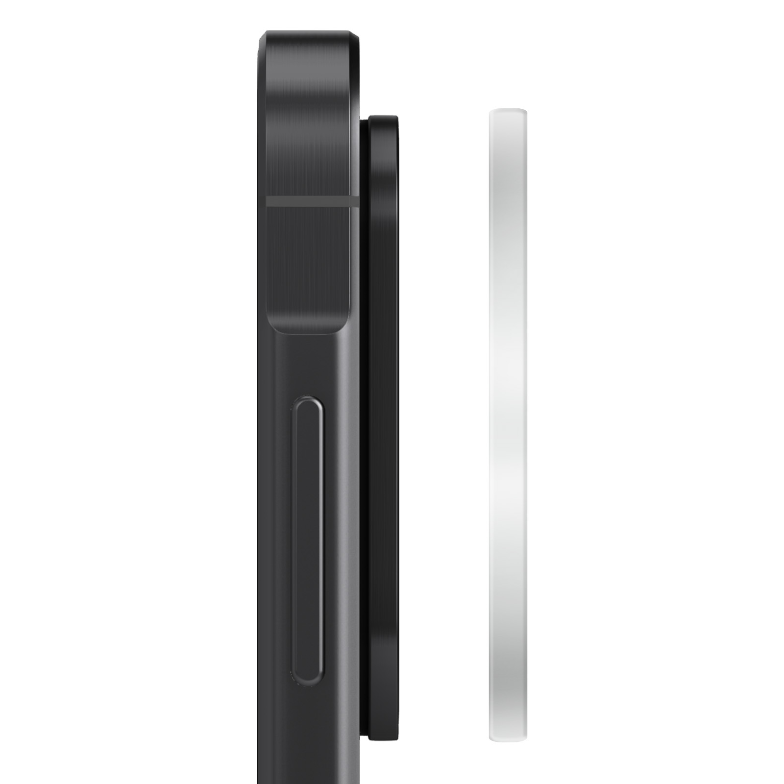 Primo piano di un dispositivo nero, forse un telefono, con un accessorio rettangolare argentato. Lo sfondo è bianco.