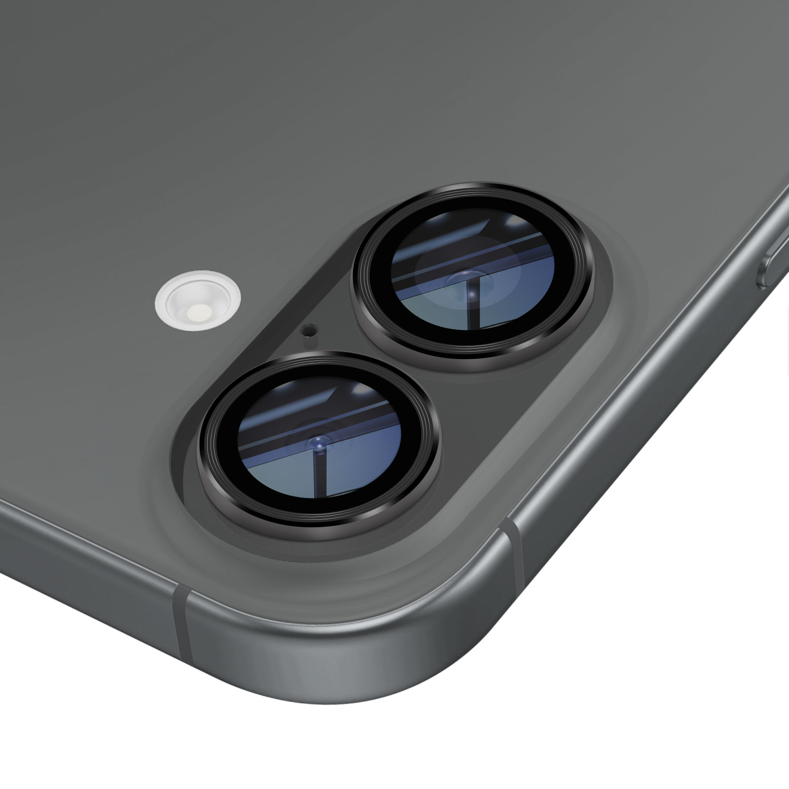 Gros plan d'un dos de smartphone avec doubles objectifs et flash. Le téléphone est gris, les objectifs noirs.