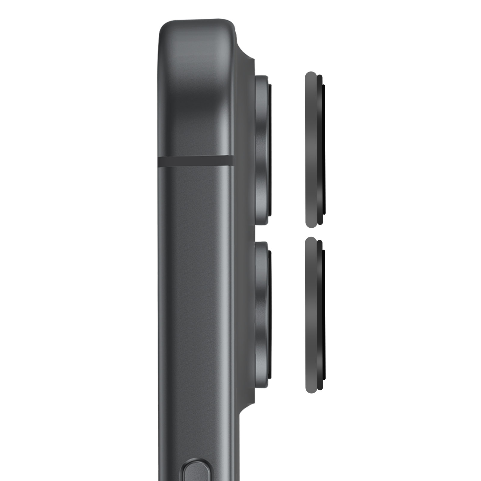 Vue latérale d'un smartphone gris foncé avec trois lentilles de caméra et deux protecteurs d'objectif, sur fond blanc.
