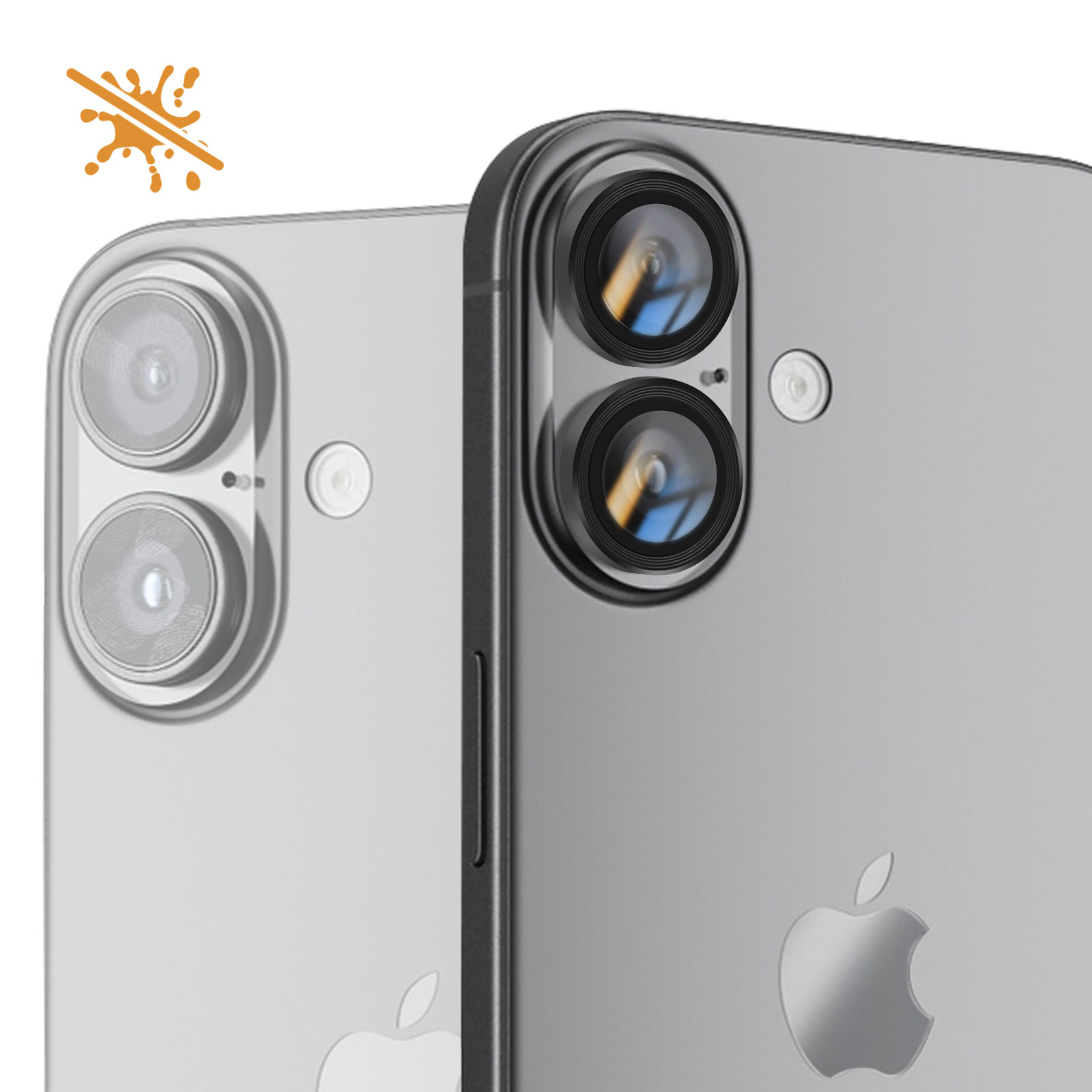 Deux smartphones gris avec des appareils photo à double objectif sont présentés. Une icône d'éclaboussure orange se trouve en haut à gauche.
