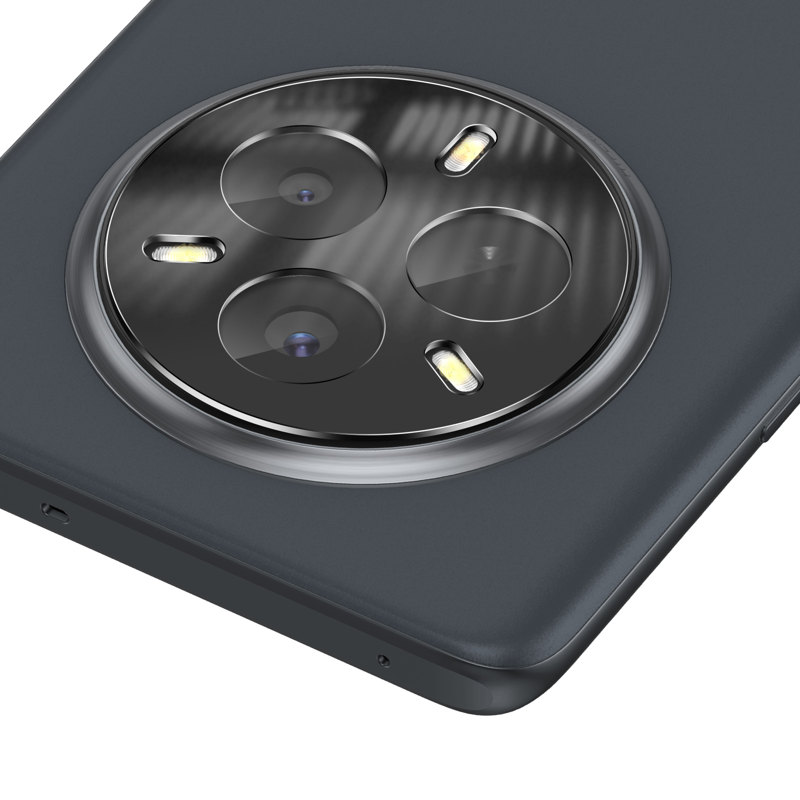 Primo piano del retro di uno smartphone. Presenta un ampio modulo fotocamera circolare con tre obiettivi e tre flash LED, tutto nero.
